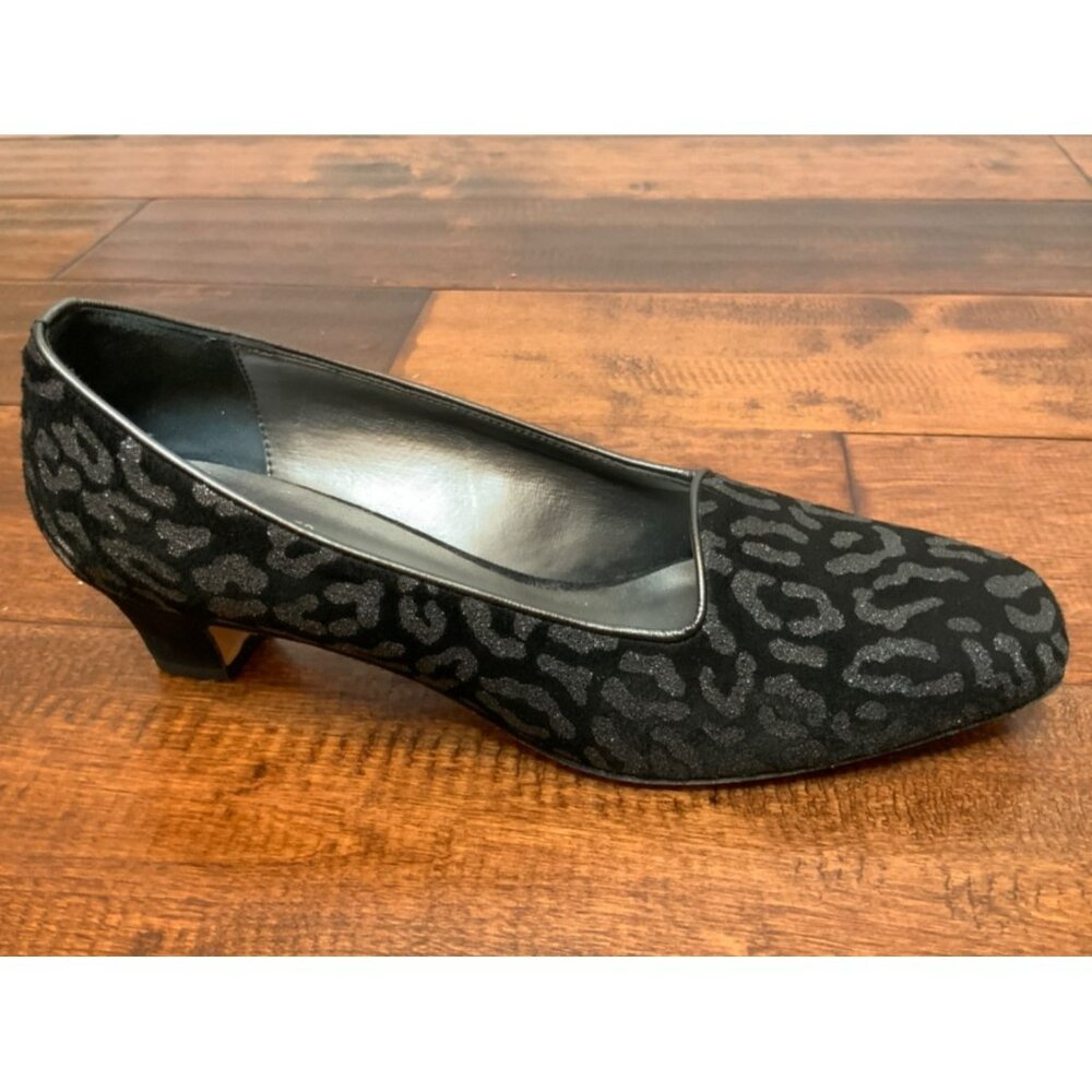 Sesto Meucci Black Silver Glitter Leopard Pattern Kitten Heels, Size 8
